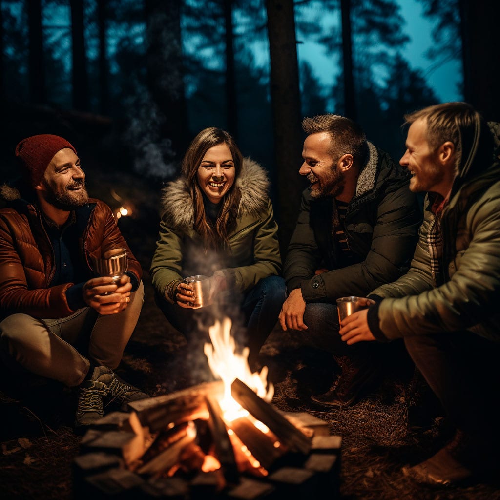 Bål og Business deltagere der taler rundt om et bål